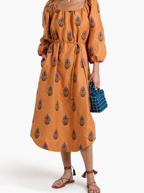 FARM Rio Orange Embroidered Midi Dress with Blue Motif